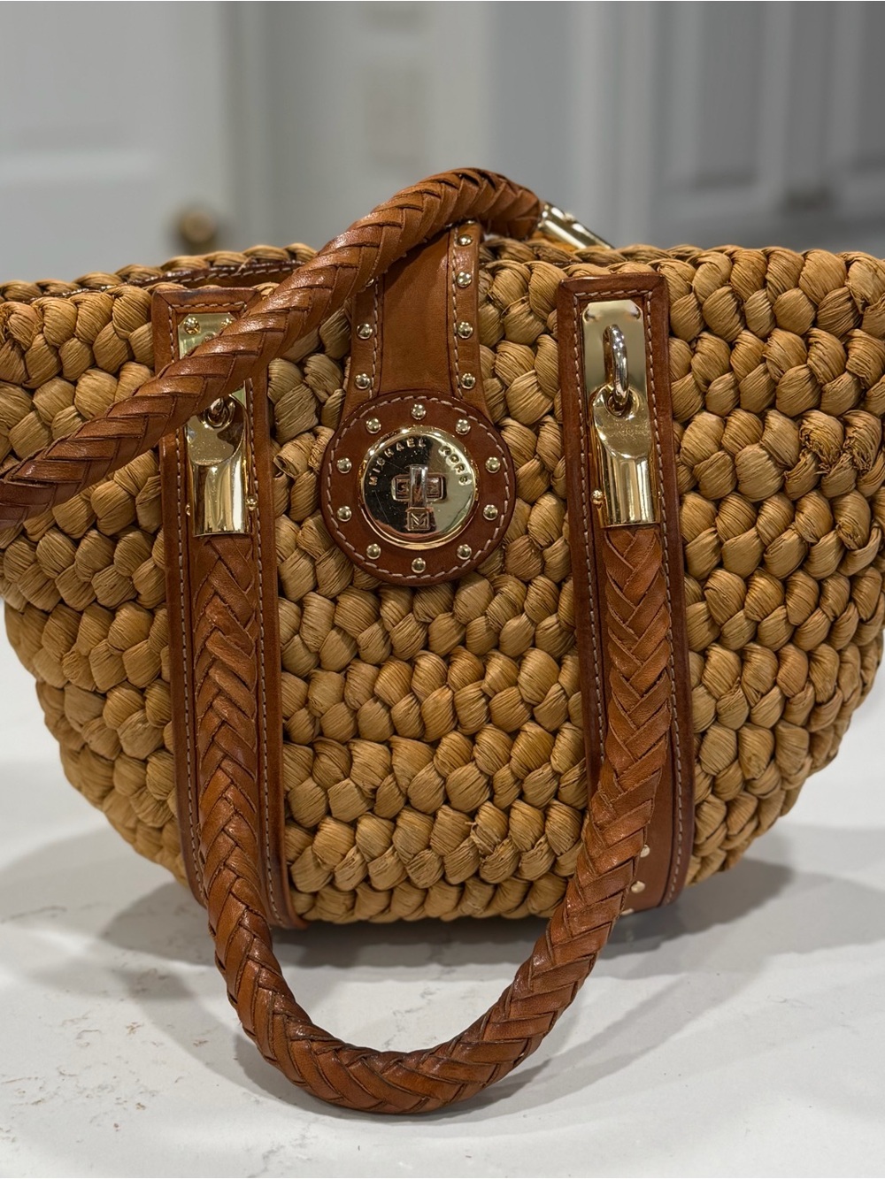 Micheal Kors Woven Straw Tote Handbag with Braided Leather Trim gold accents